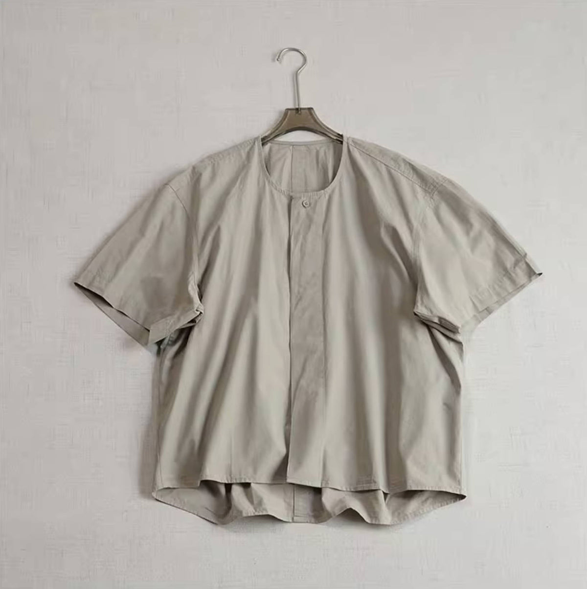 Women Cotton Fashionable Round Neck Loose Hidden Button Shirt