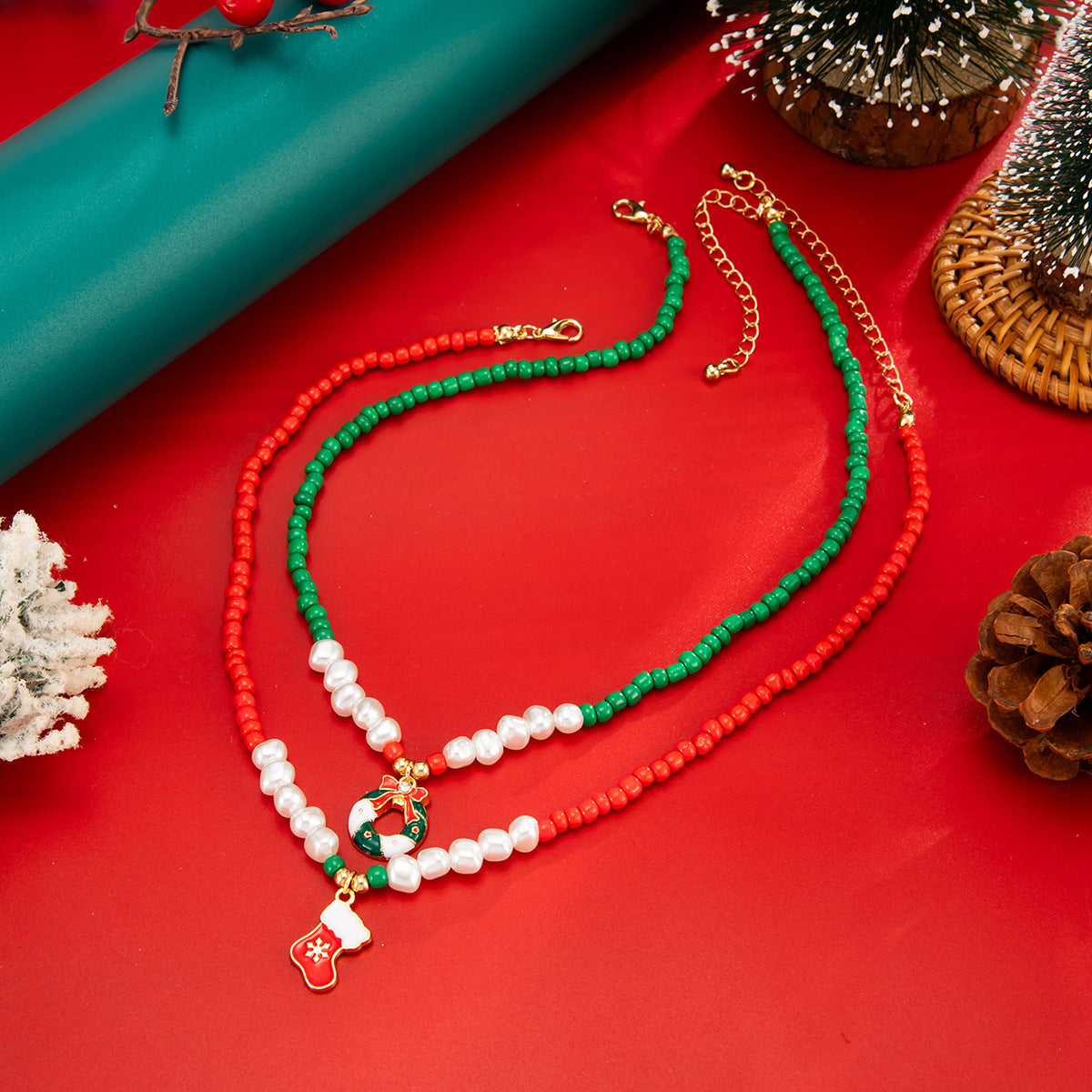 Christmas Bell Pendant Necklace With Beads