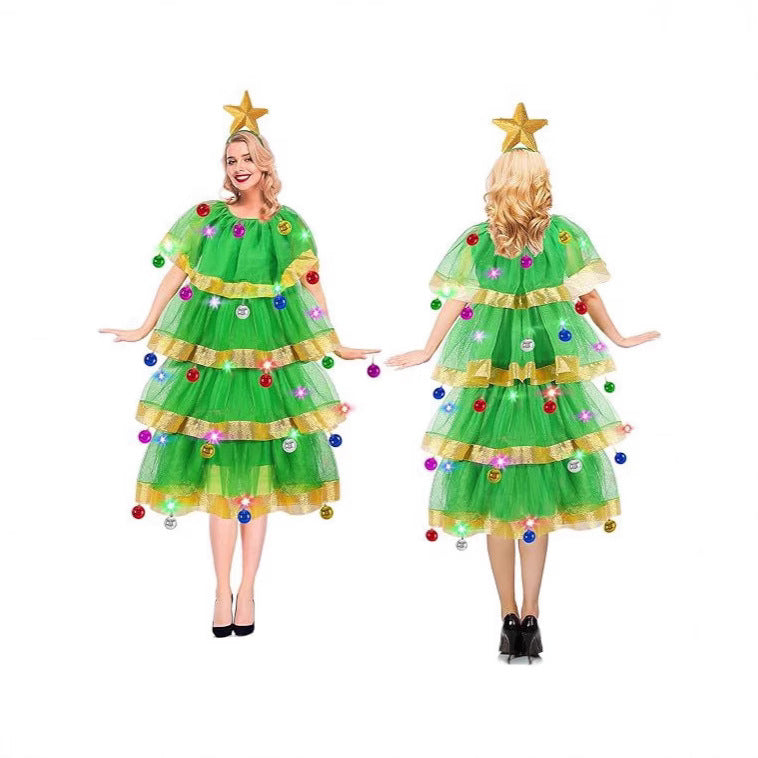 Christmas Tree Costume Set With Hat And Bells For Women