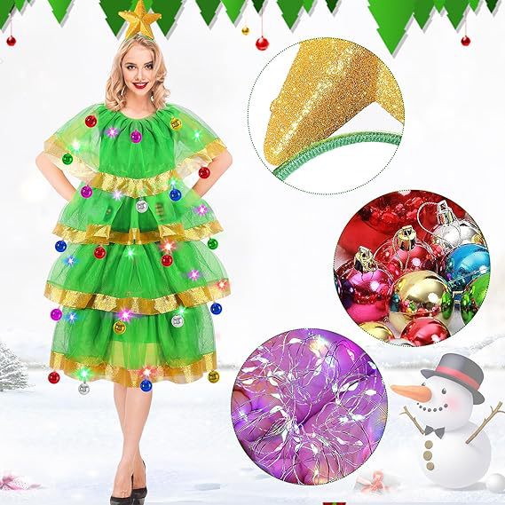 Christmas Tree Costume Set With Hat And Bells For Women