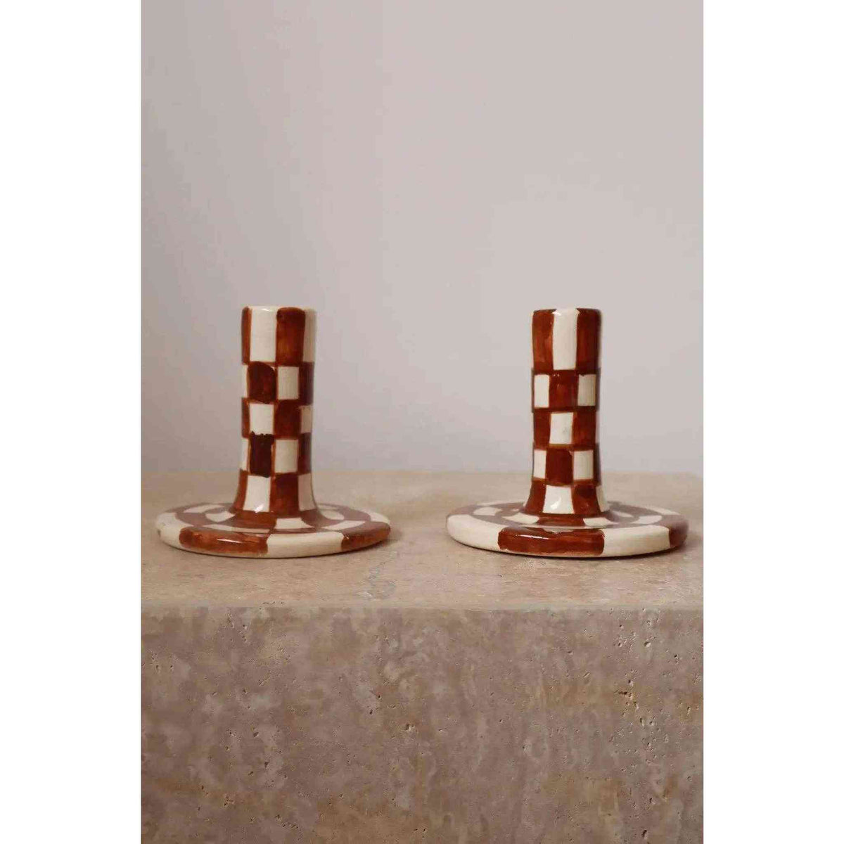 Handmade Ceramic Candle Holders in Brown and White Checkered Design