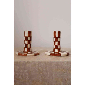 Handmade Ceramic Candle Holders in Brown and White Checkered Design
