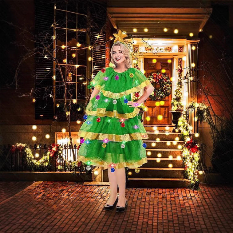 Christmas Tree Costume Set With Hat And Bells For Women