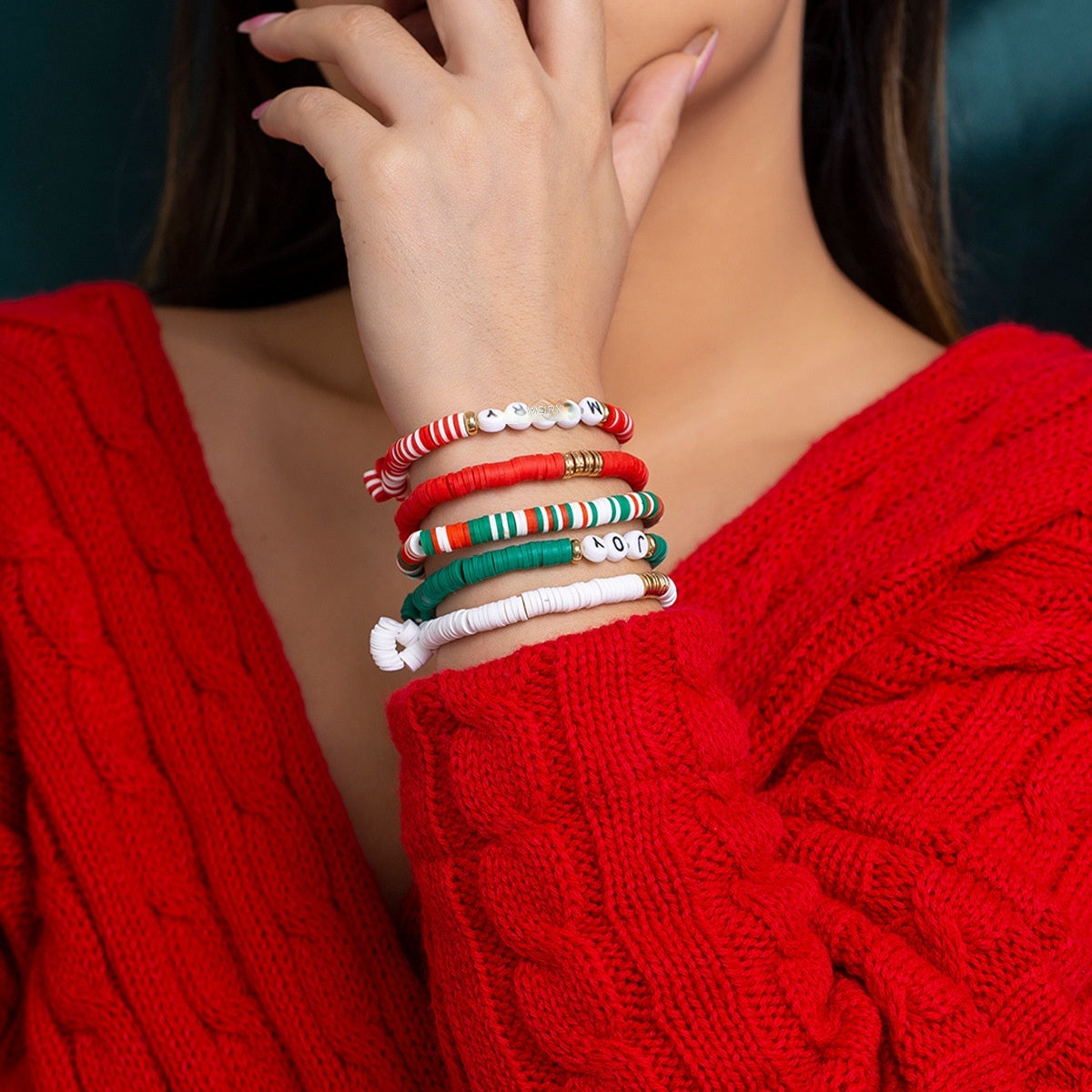 Christmas Colorful Beaded Bracelet Letter Elastic