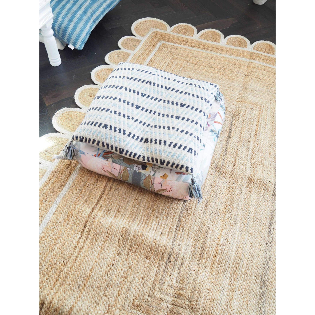 Handmade White Scalloped Jute Rug Custom Sizes Available