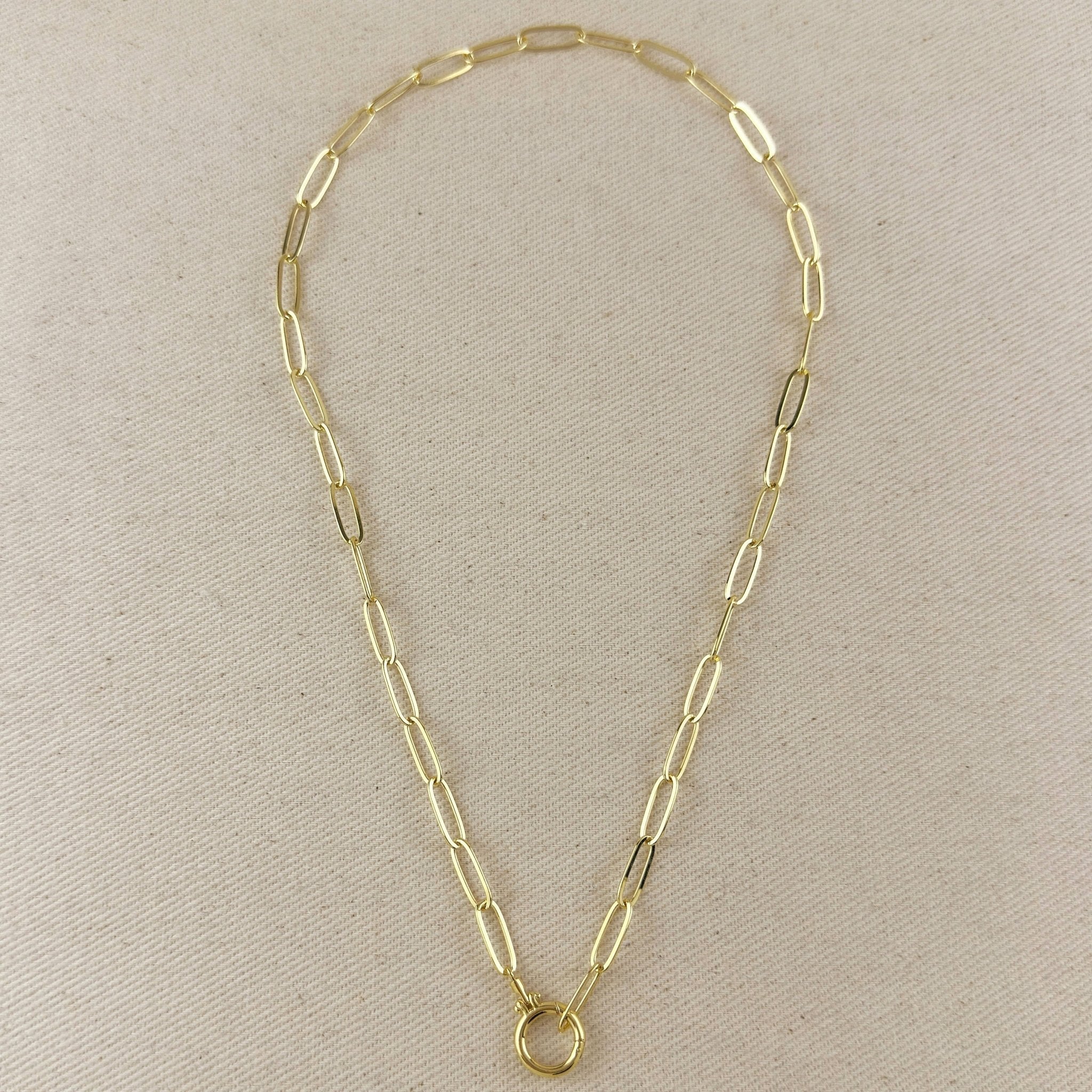 18k Gold Filled Paperclip Chain With Round Clicker Clasp Necklace