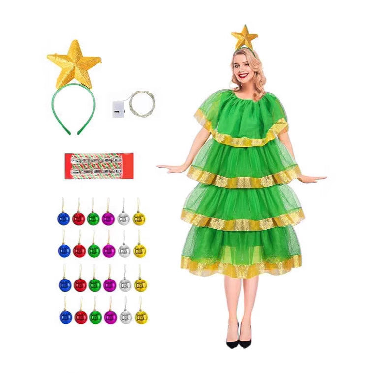 Christmas Tree Costume Set With Hat And Bells For Women