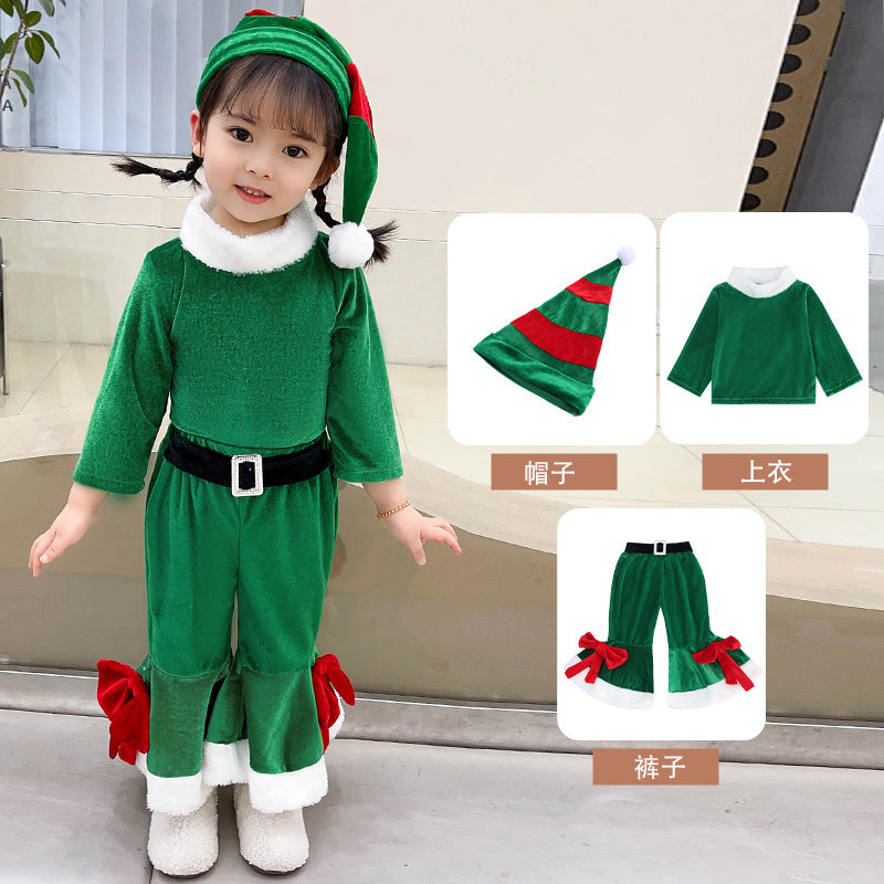 Christmas Kids Costume Red Green Bell-Bottom Pants Set