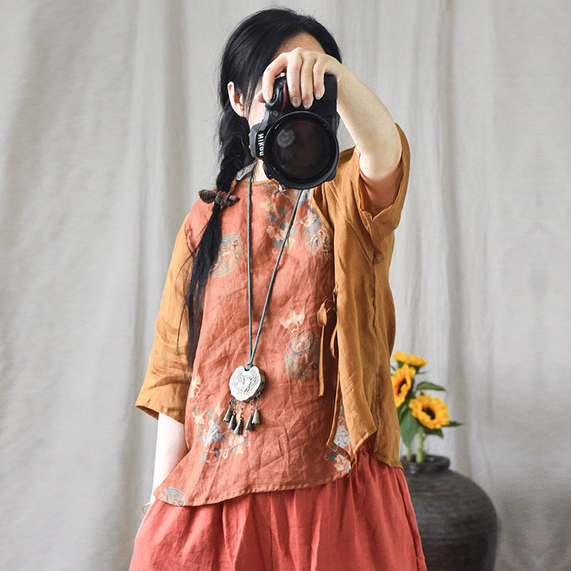 Women Lace- Up Casual Floral Printed Linen Shirts