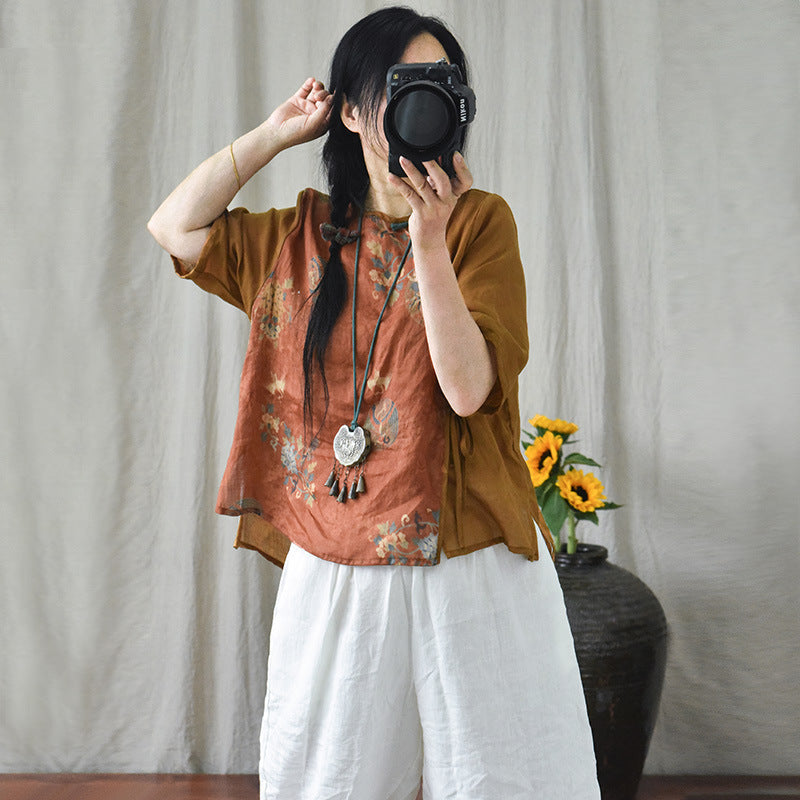 Women Lace- Up Casual Floral Printed Linen Shirts