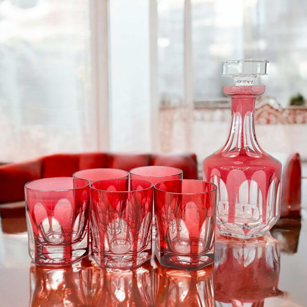 Vintage Cranberry Crystal Set of Decanter and Glasses