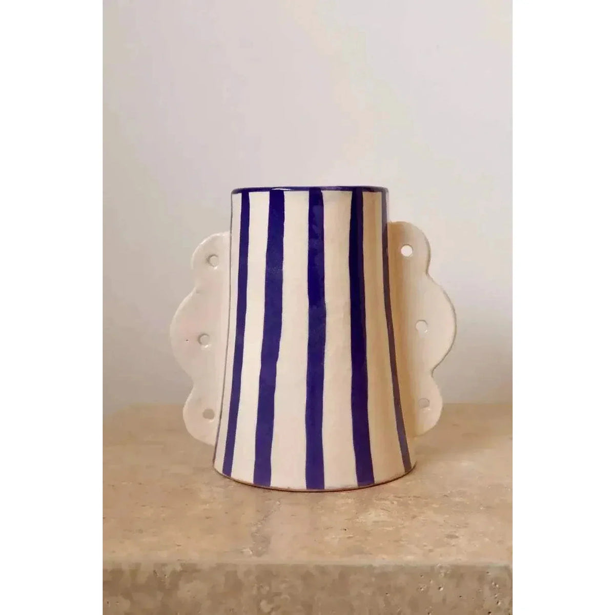 Blue and White Striped Abstract Ceramic Vase