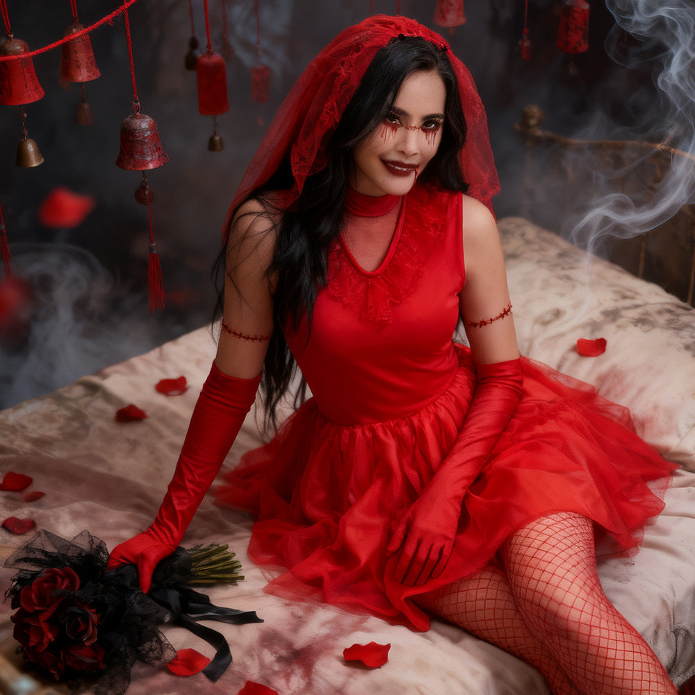 Halloween Ghost Bride Red Dress Costume