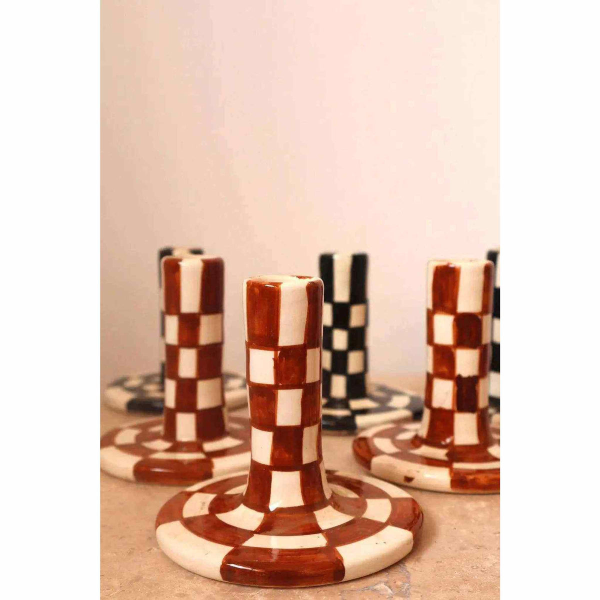 Handmade Ceramic Candle Holders in Brown and White Checkered Design
