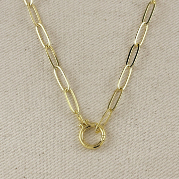18k Gold Filled Paperclip Chain With Round Clicker Clasp Necklace