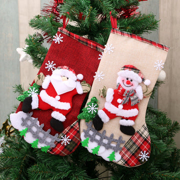 Large Christmas Stocking Linen Gift Bag Decoration