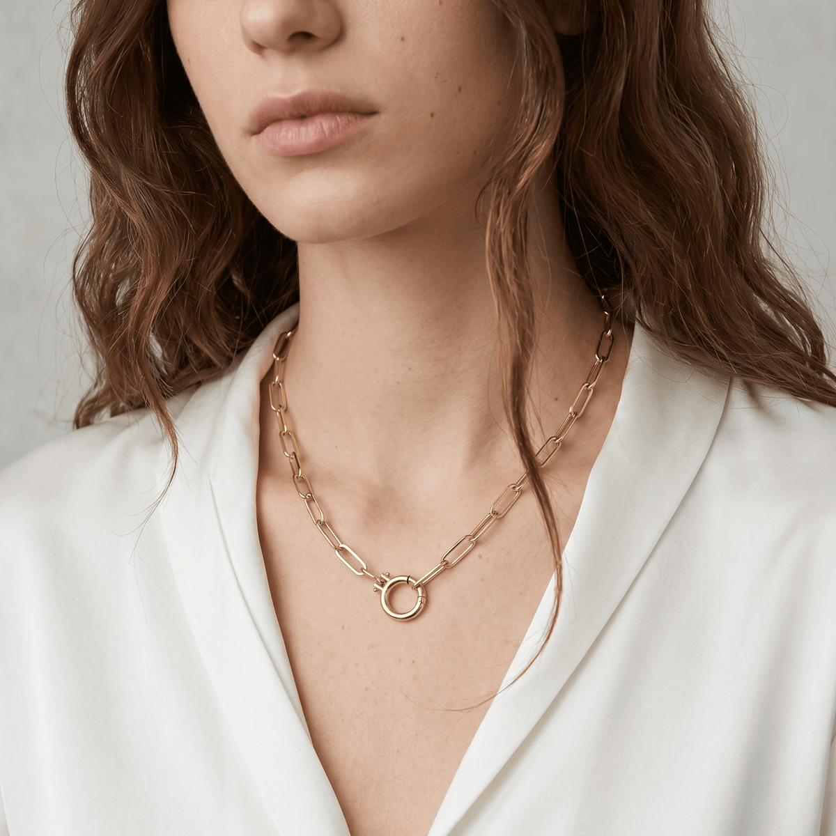 18k Gold Filled Paperclip Chain With Round Clicker Clasp Necklace