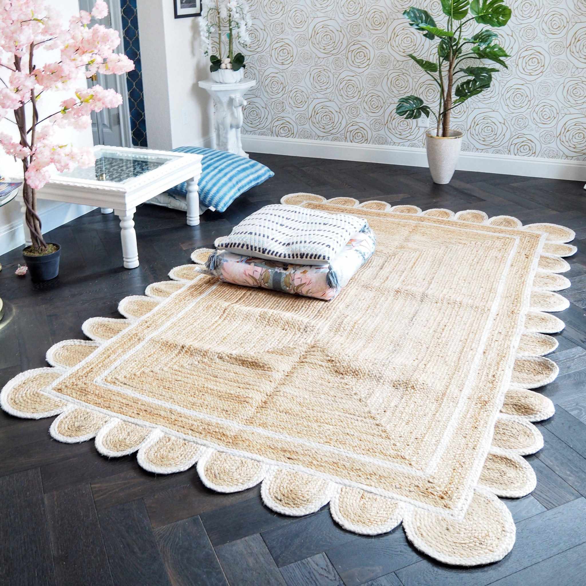 Handmade White Scalloped Jute Rug Custom Sizes Available