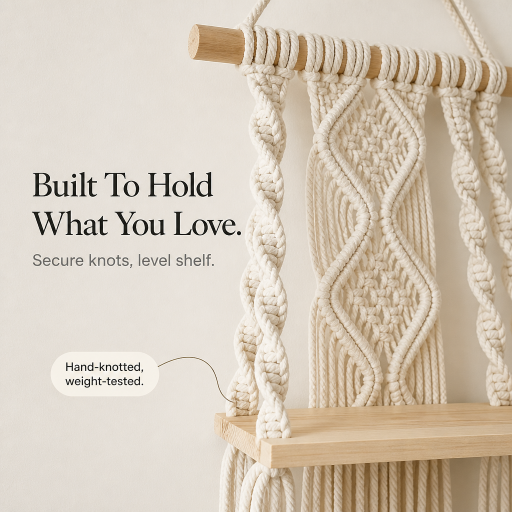 Woven Haven – Macramé Diamond Pattern Wooden Wall Shelf