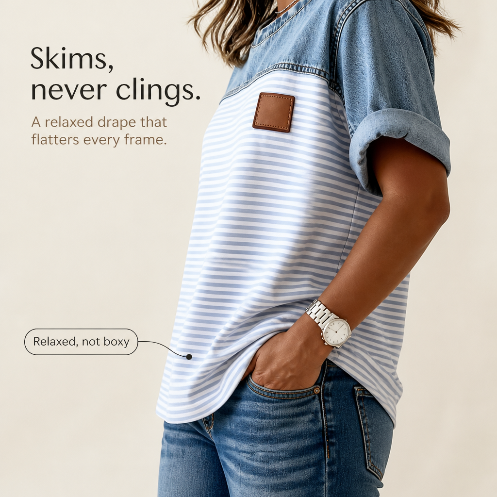 Denimelle – Denim-Look Yoke Ribbed Color-Block Top