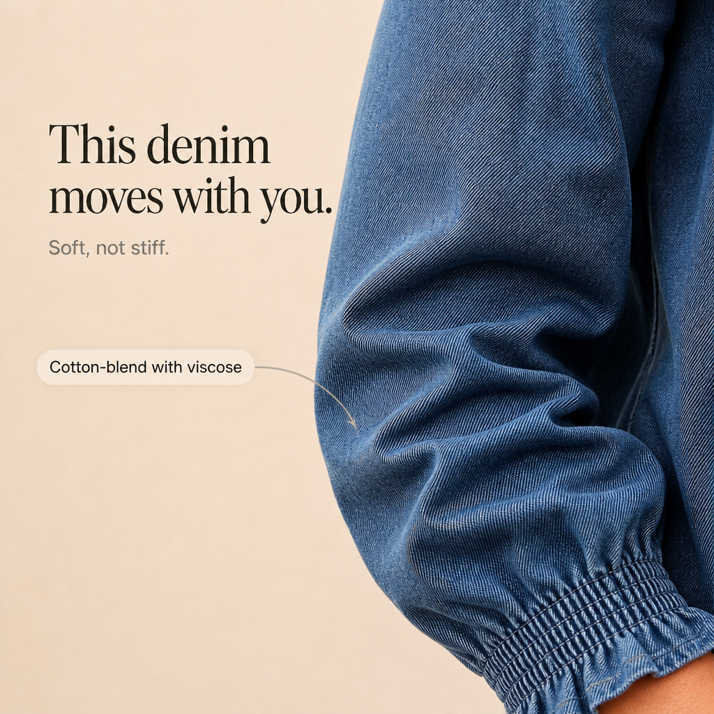 Ruffle & Row – Ruffle Collar Puff-Sleeve Denim Top