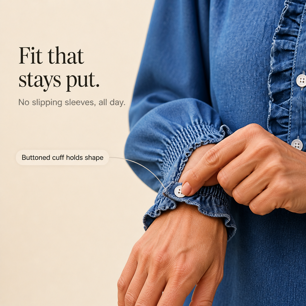 Ruffle & Row – Ruffle Collar Puff-Sleeve Denim Top