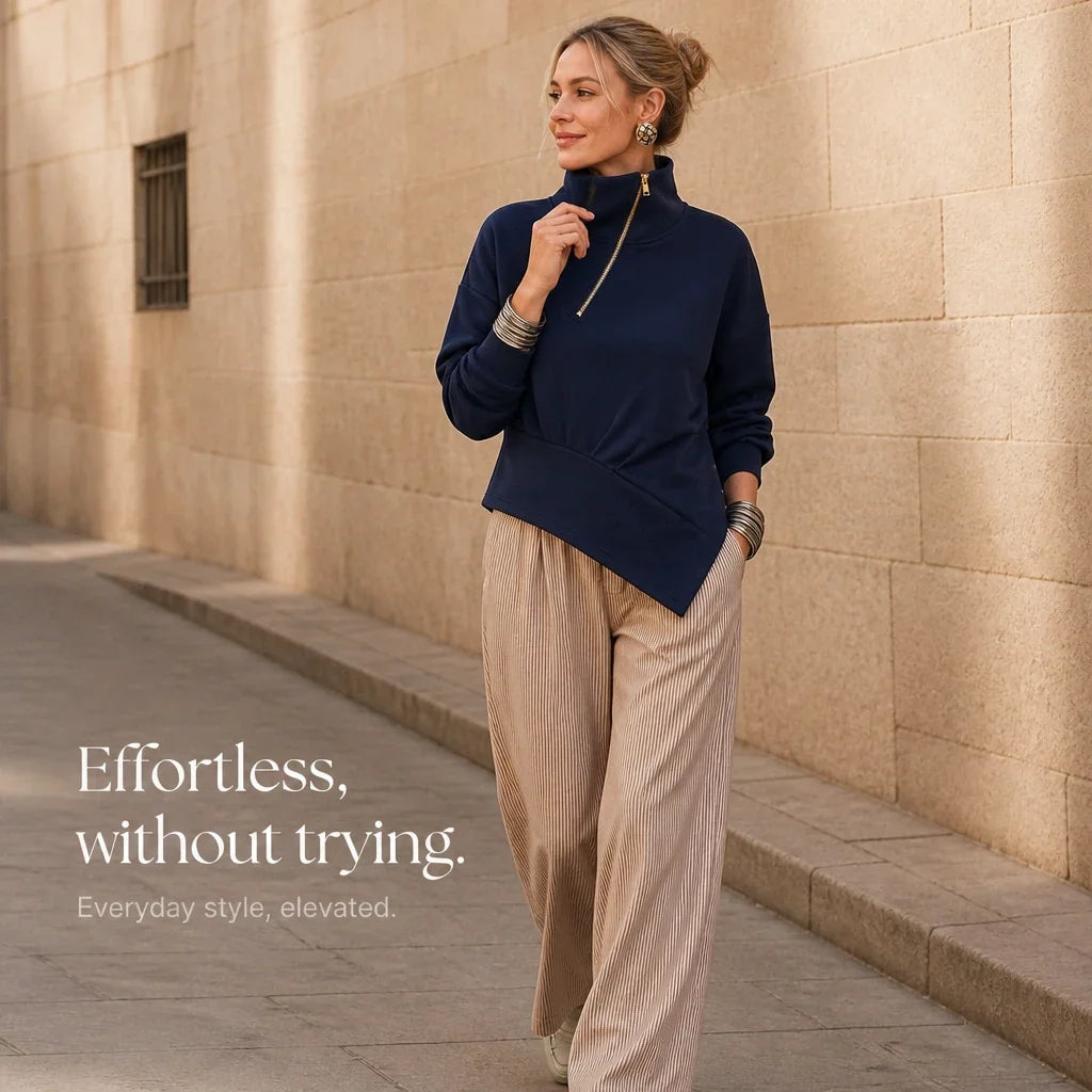Velaire – Asymmetric Diagonal-Zip High-Neck Sweatshirt