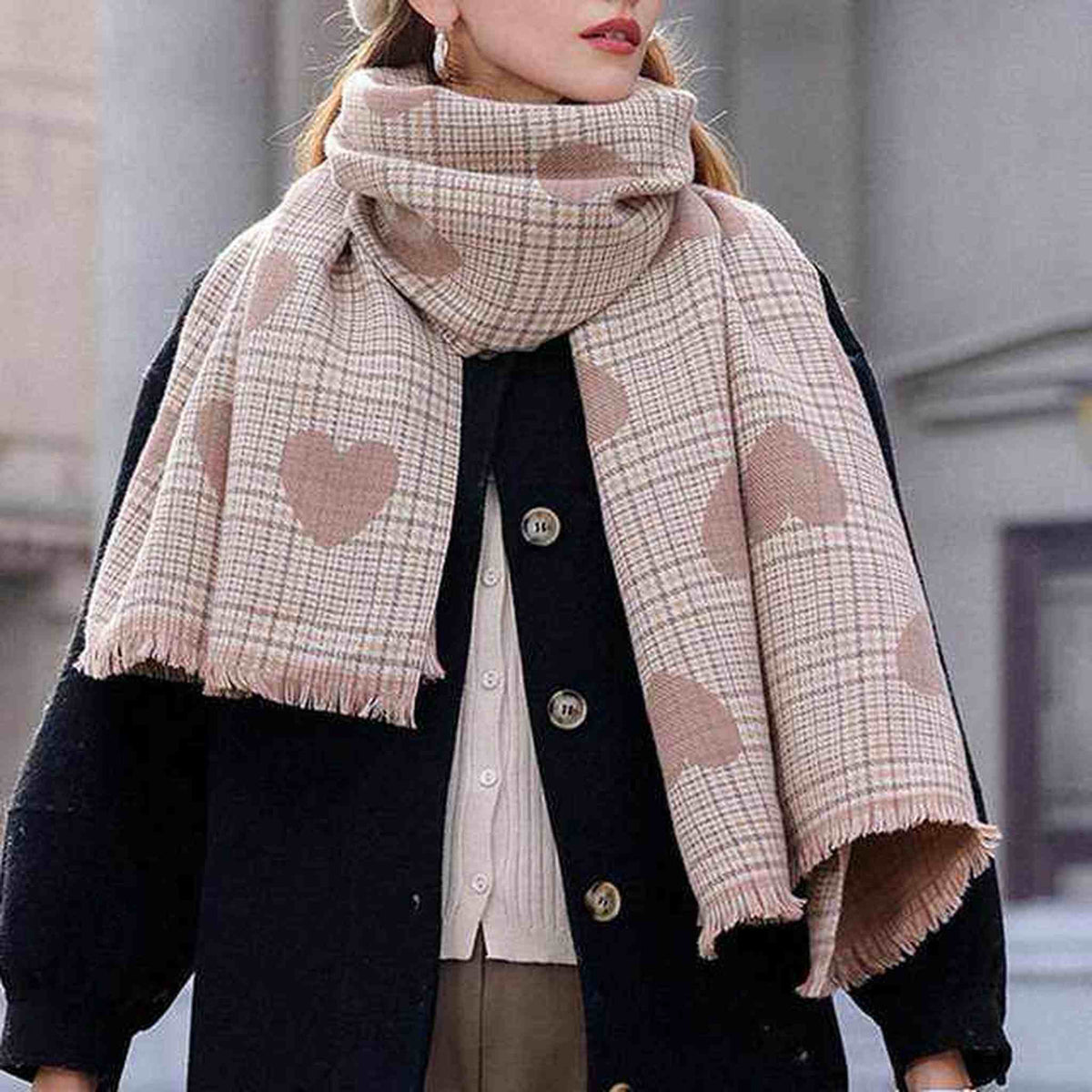 Tan Tartan Heart Shaped Plaid/Check Scarf