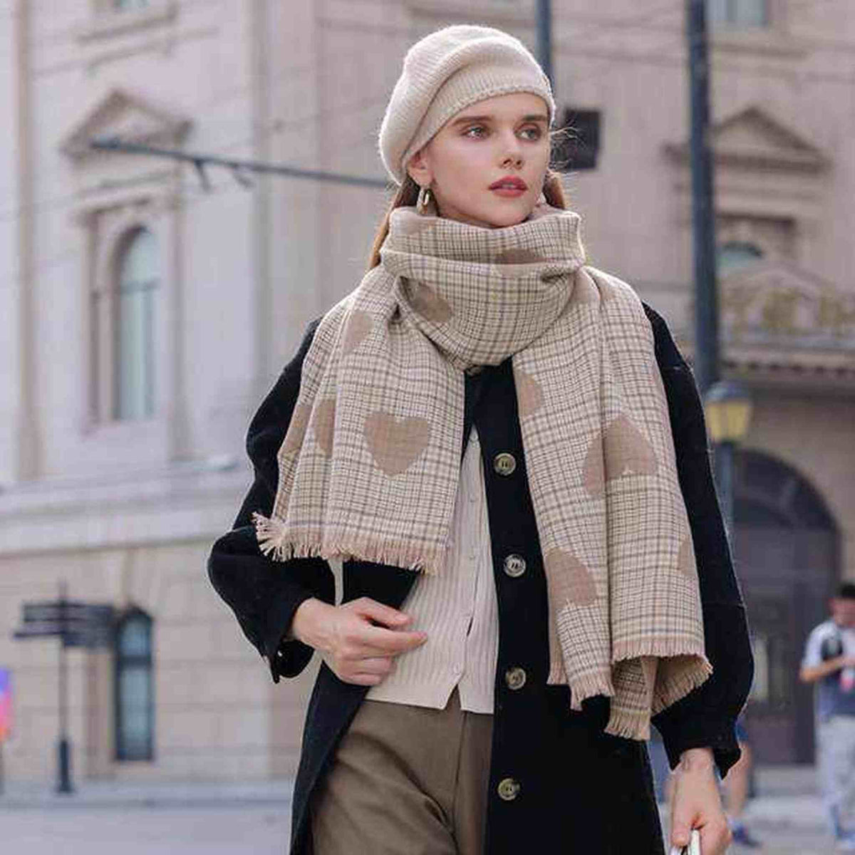 Tan Tartan Heart Shaped Plaid/Check Scarf