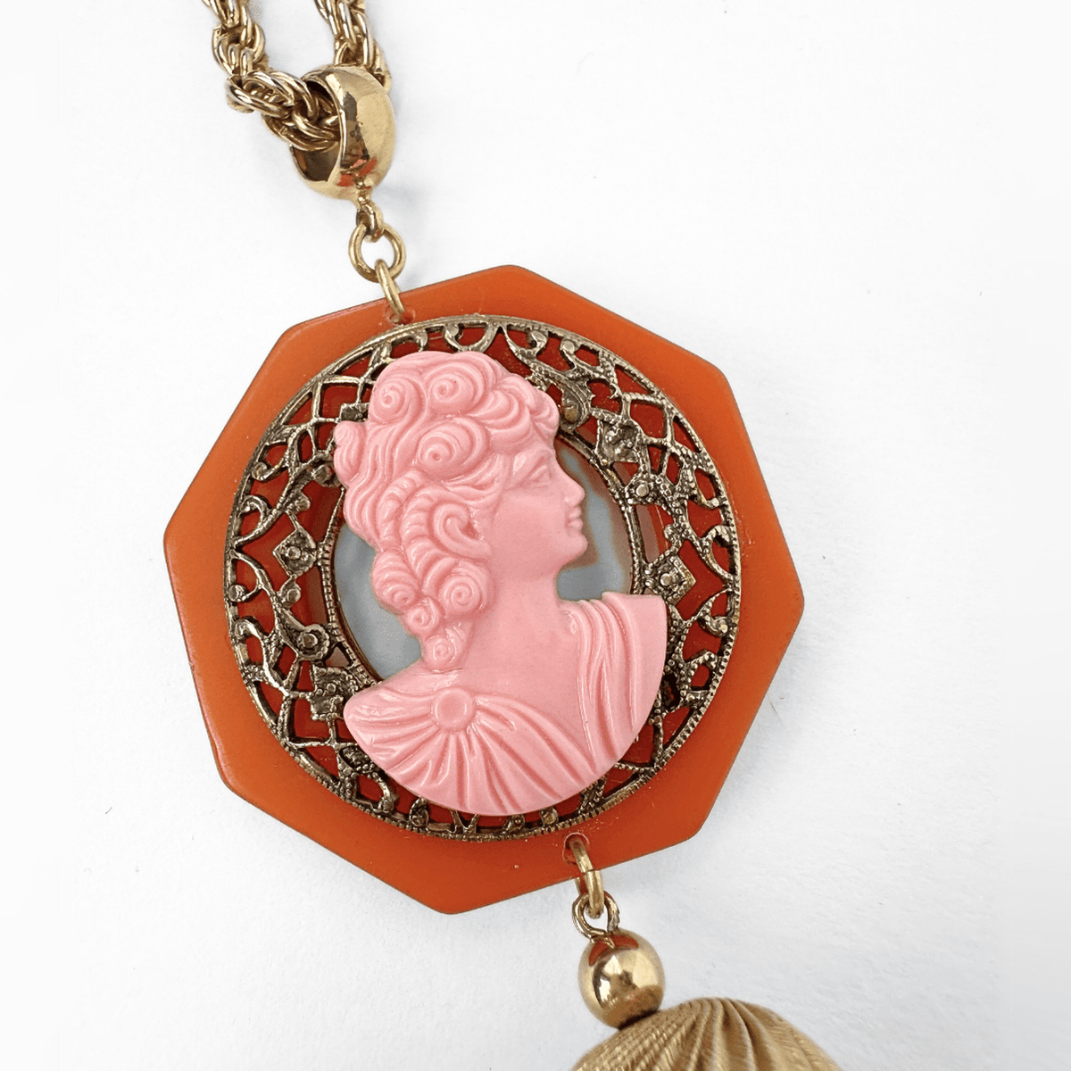 Pink and Orange Bakelite Vintage Cameo Pendant Necklace Charm