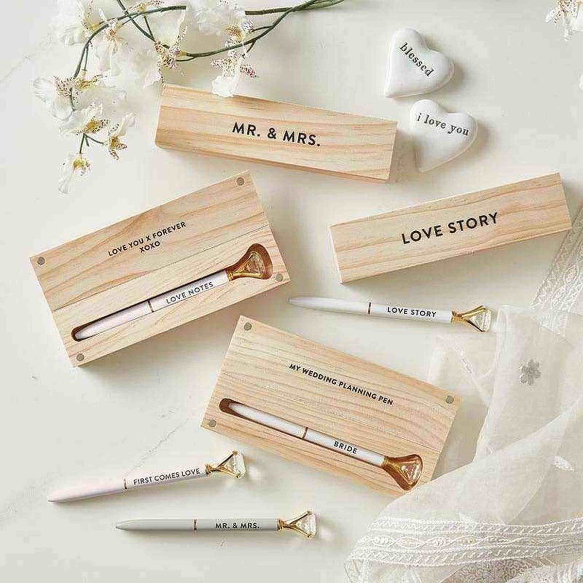 Wood Box with Gem Pen - Mr. & Mrs.