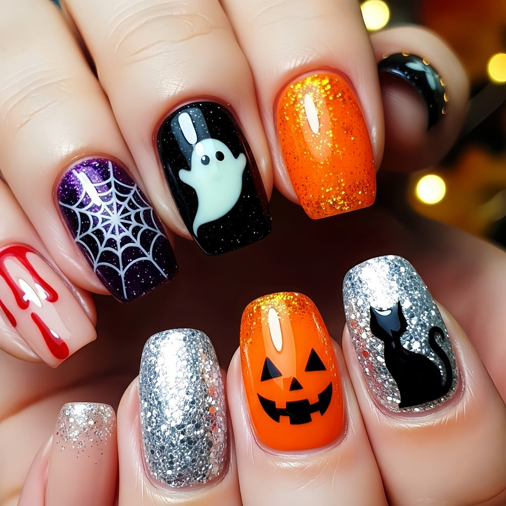 Halloween Fake Nails Spider Web Pumpkin Skull Cat