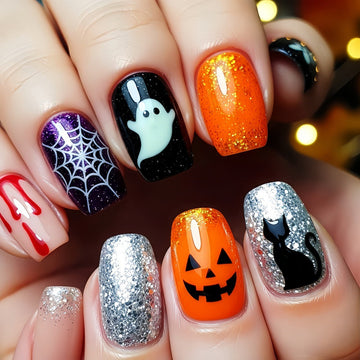 Halloween Fake Nails Spider Web Pumpkin Skull Cat