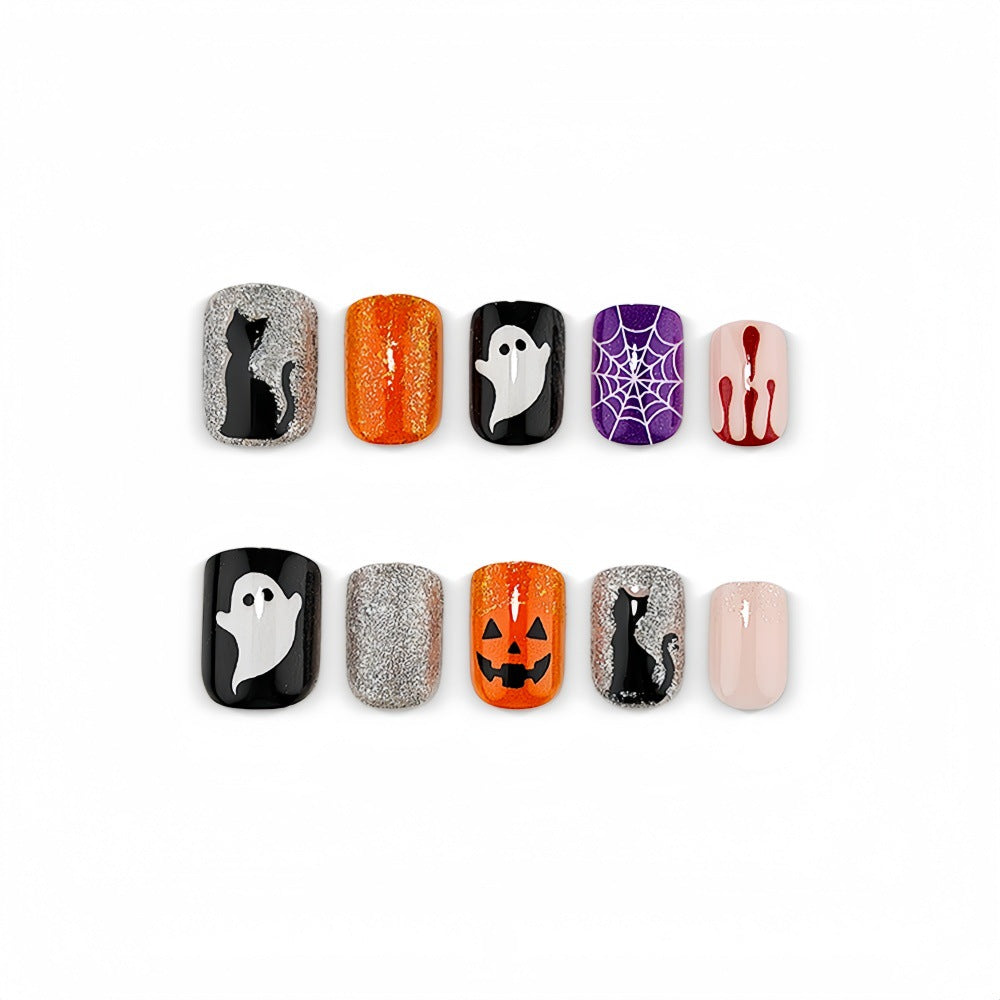 Halloween Fake Nails Spider Web Pumpkin Skull Cat
