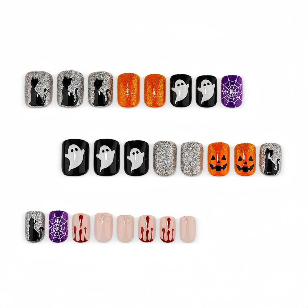 Halloween Fake Nails Spider Web Pumpkin Skull Cat