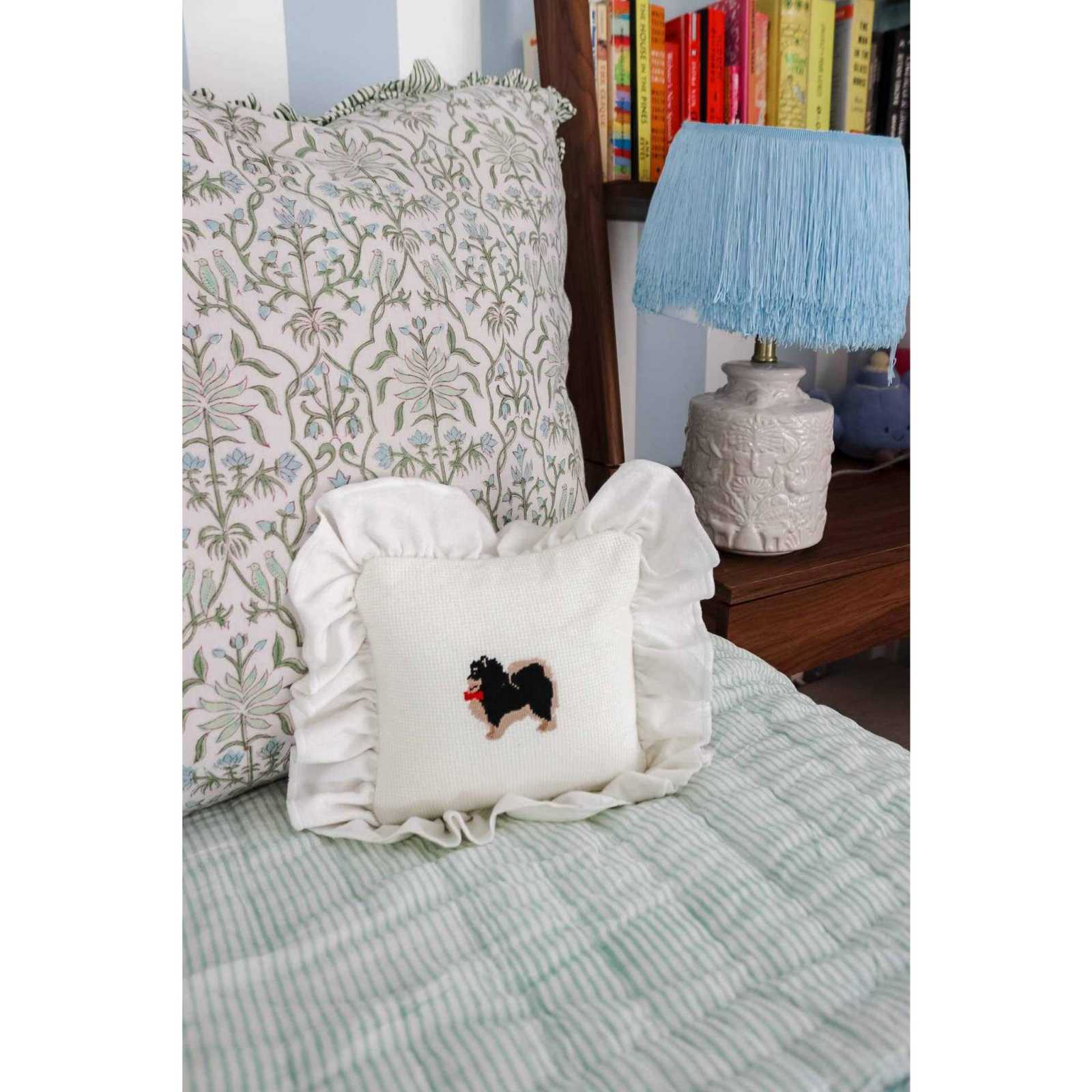 Ruffled Pomeranian Needlepoint Pillow 10¡± White