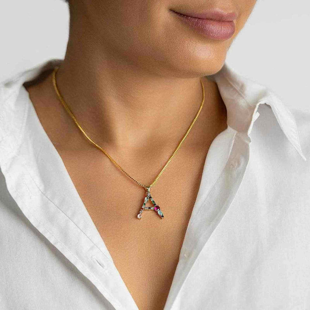 14K Gold Plated Multi Color Stone Initial A Necklace