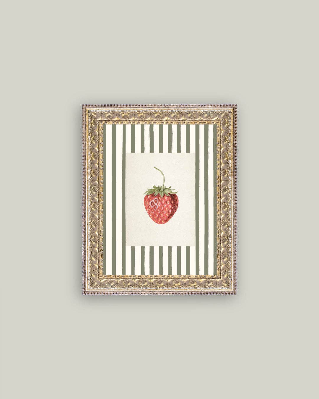 Strawberries on Stripes Framed Antique Art: 12x16