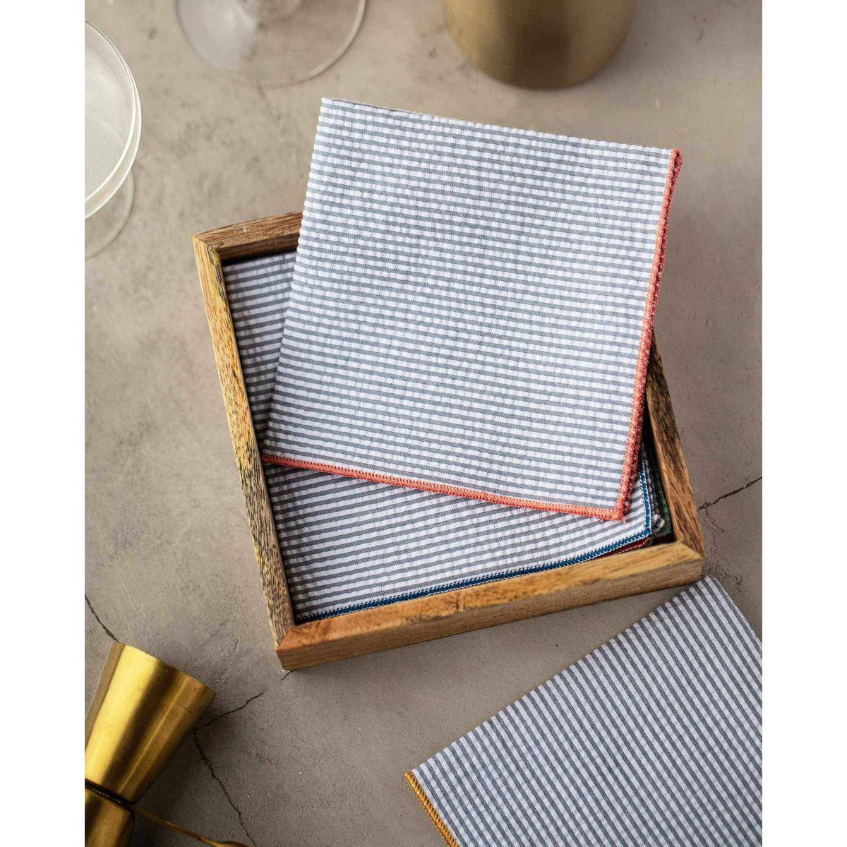 Grey Seersucker Cloth Napkins with Colorful Edges, set of 8