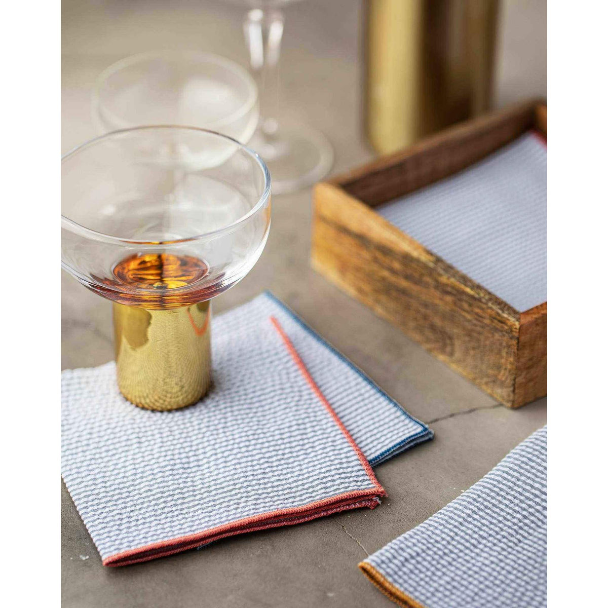 Grey Seersucker Cloth Napkins with Colorful Edges, set of 8