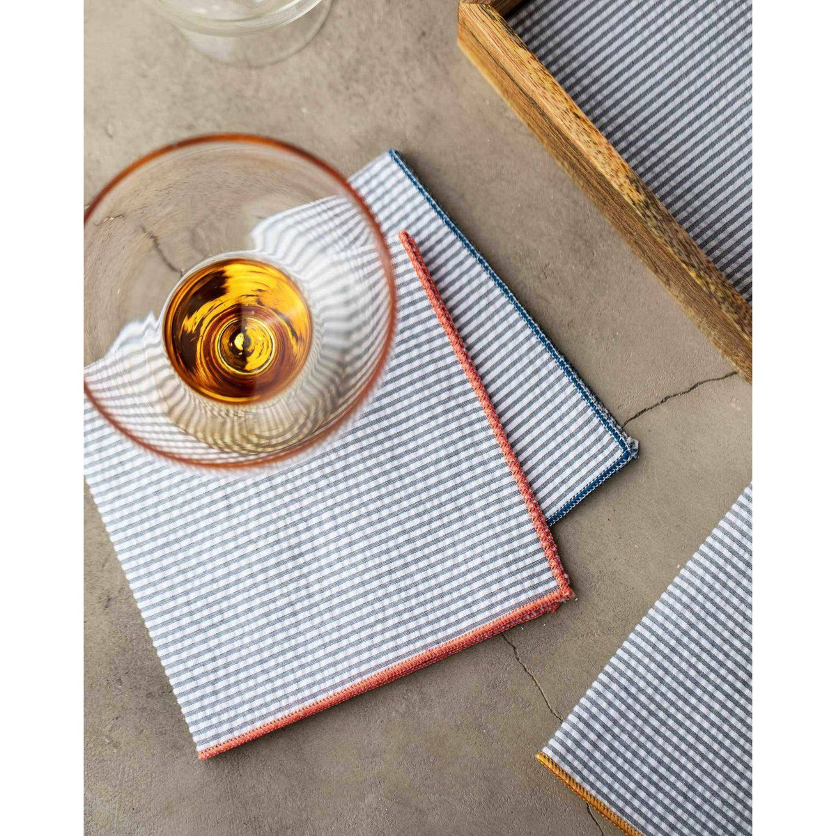 Grey Seersucker Cloth Napkins with Colorful Edges, set of 8