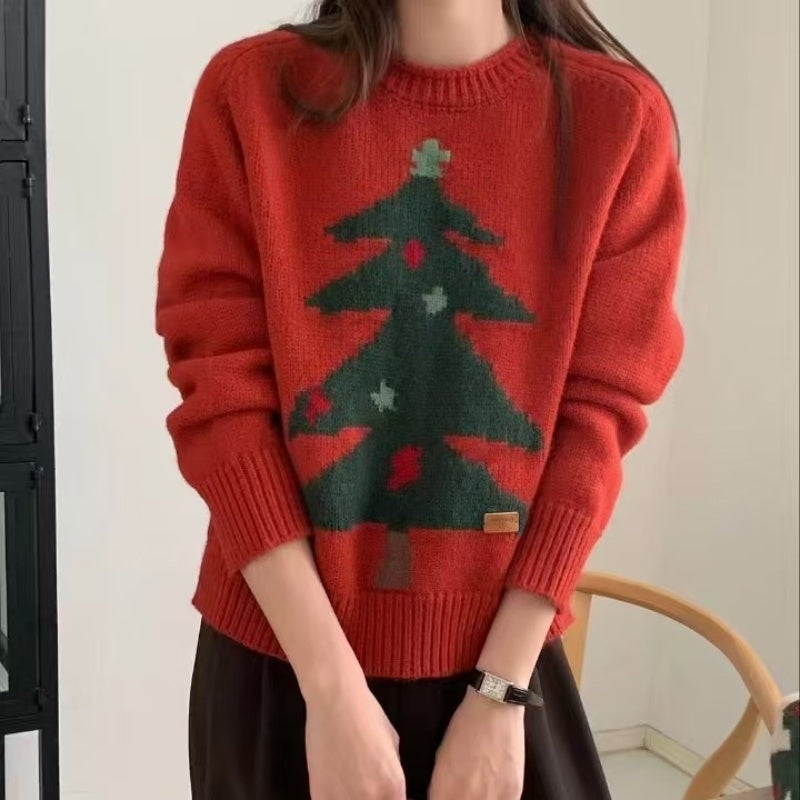 Christmas Pine Red Jacquard Pullover Sweater