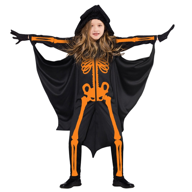 Children Skeleton Bat Halloween Party Cosplay Cloak Jumpsuit