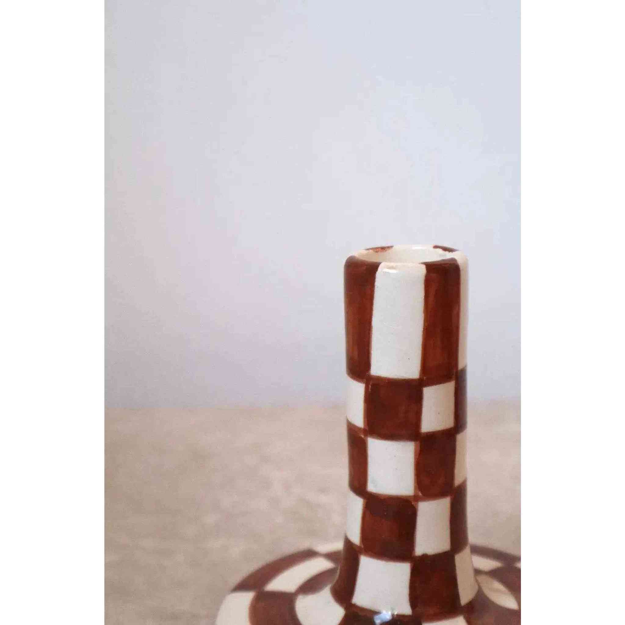 Handmade Ceramic Candle Holders in Brown and White Checkered Design