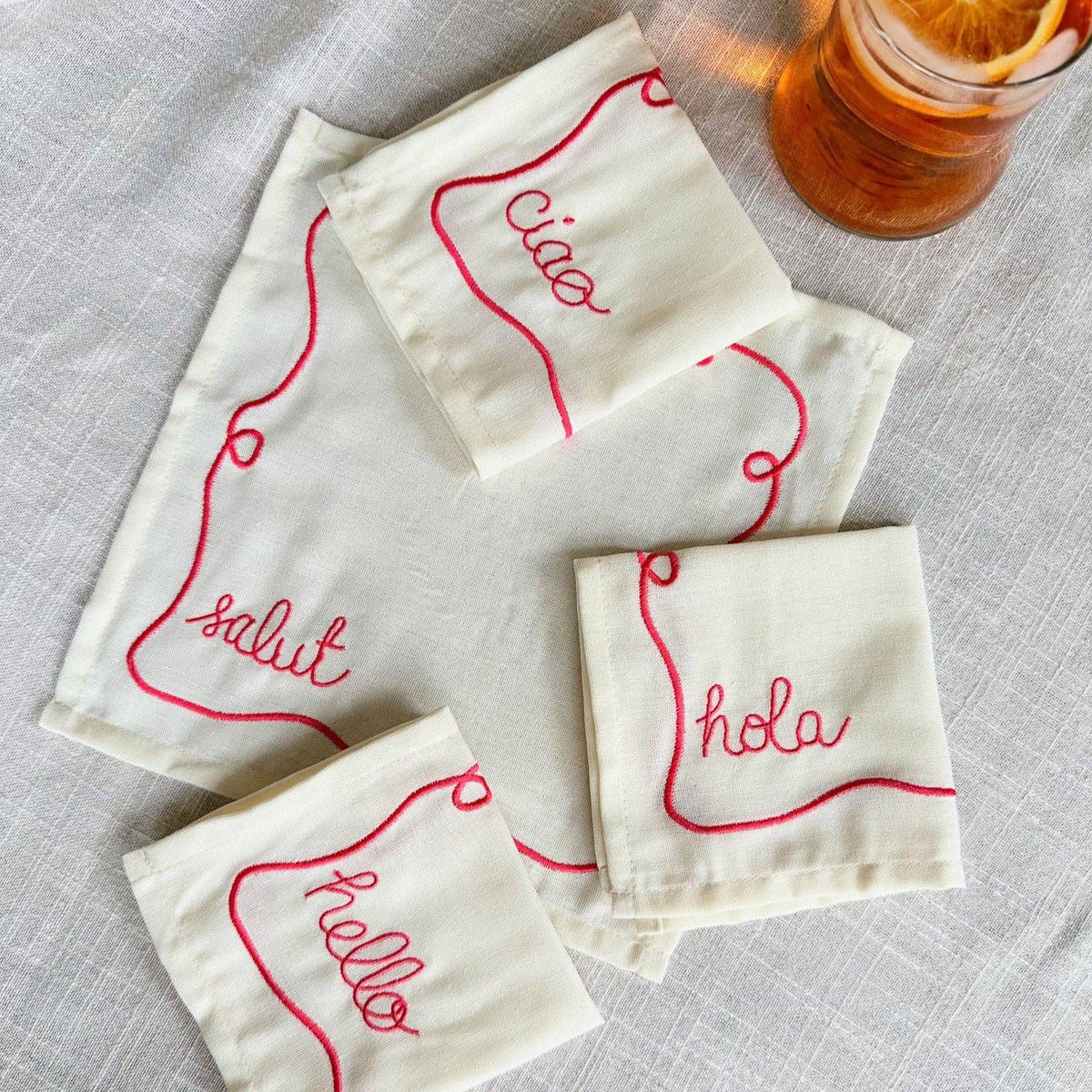 Hi! Embroidered Cocktail Napkin Set