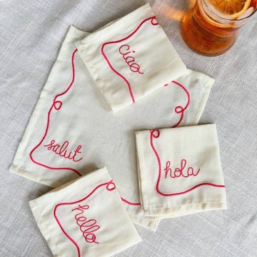 Hi! Embroidered Cocktail Napkin Set
