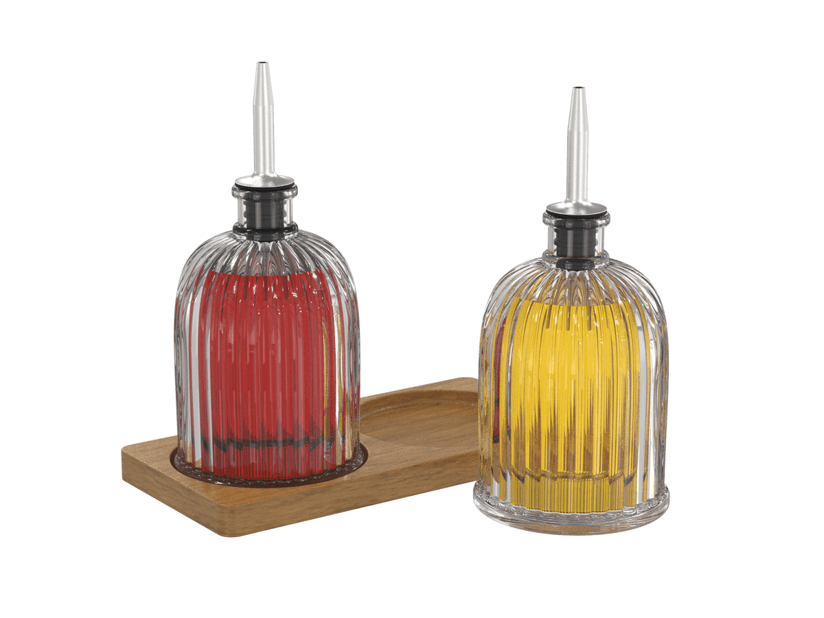 Fluted Glass Cruet Set with Acacia Base ¡ª Oil & Vinegar