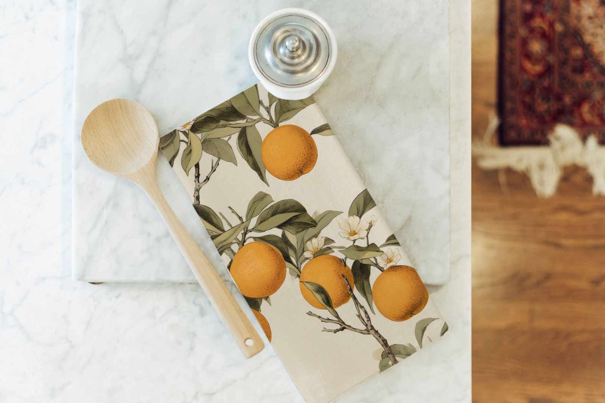 Vintage Oranges Kitchen Tea Towel: White