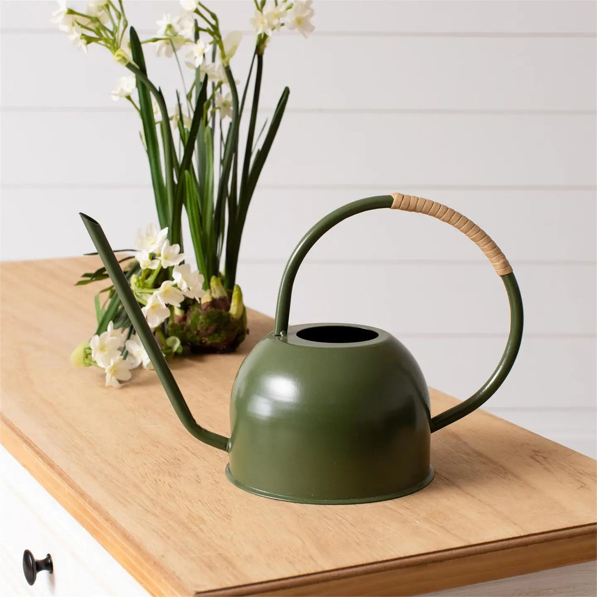 Green Enamel Watering Can with Rattan-Wrapped Handle