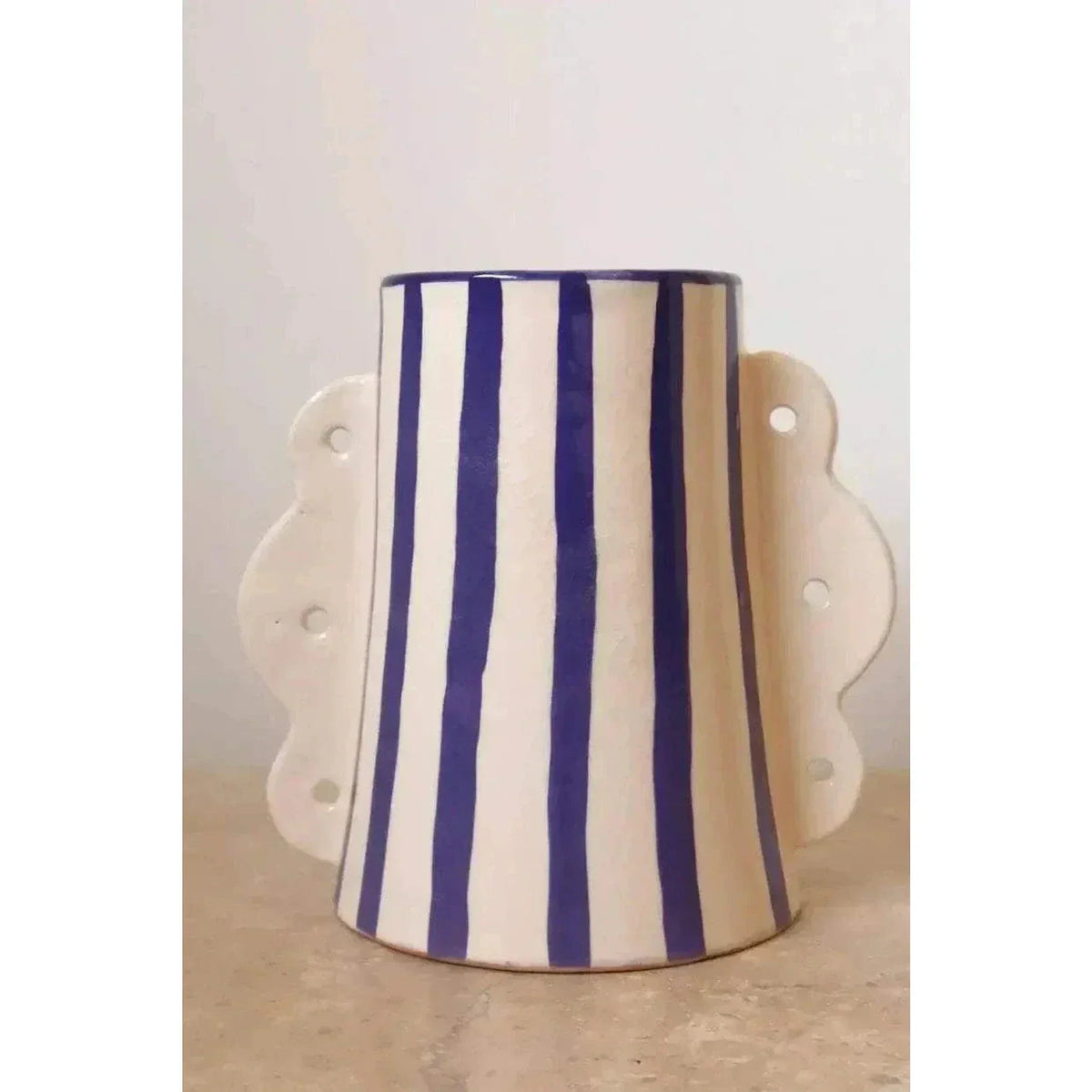 Blue and White Striped Abstract Ceramic Vase